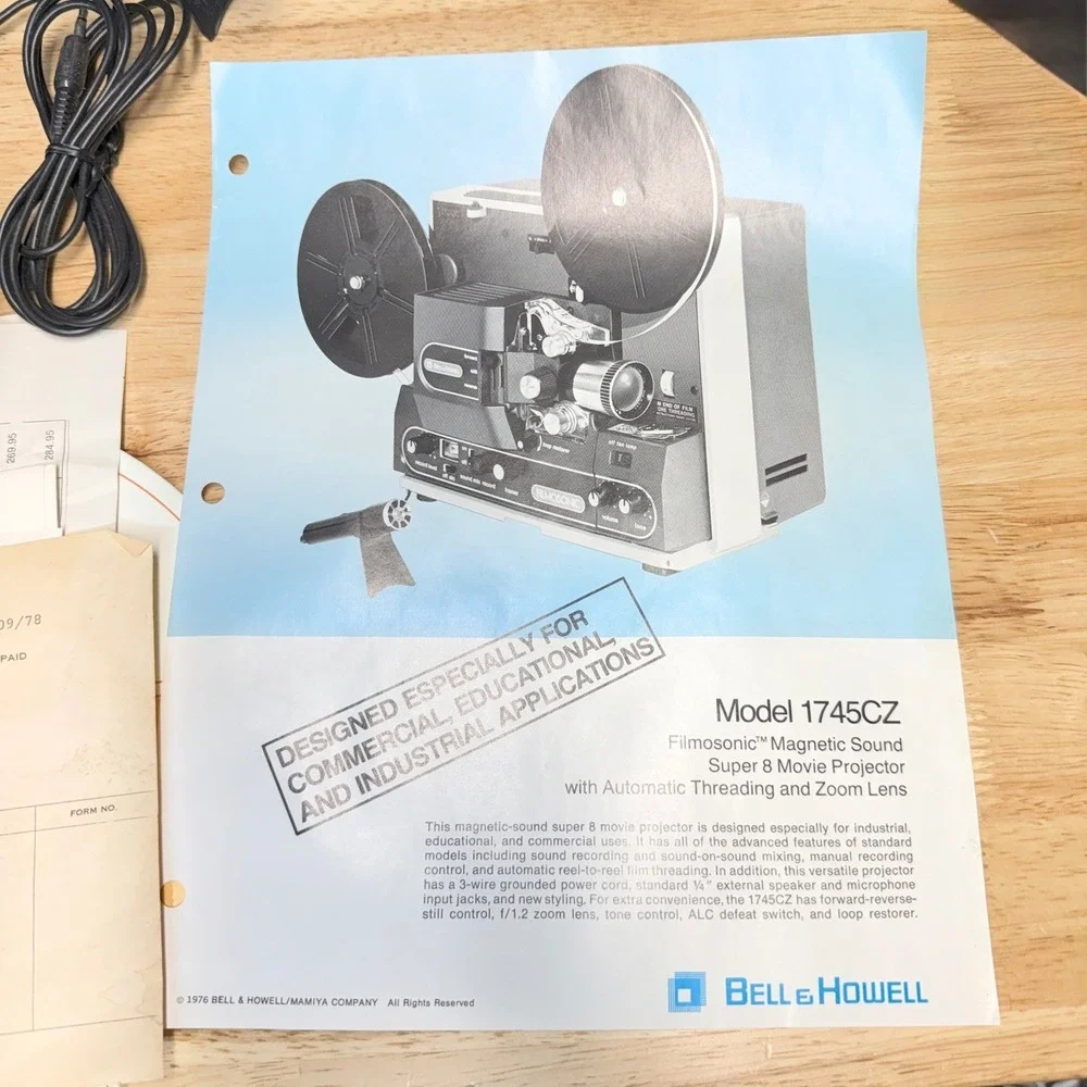 Bell & Howell Filmosonic 1745C Super 8 Sound Movie Projector w/ Mic Reel Manual